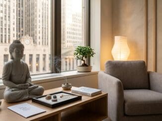 Zen Buddha statue in a Chicago office overlooking the Board of Trade, representing mindfulness and alcohol recovery for corporate professionals.