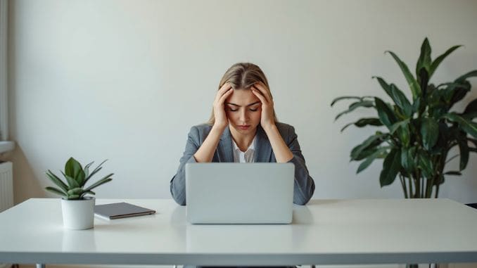 woman overwhelmed with burnout from perfectionism waiting for video session at Calm Anxiety Clinic
